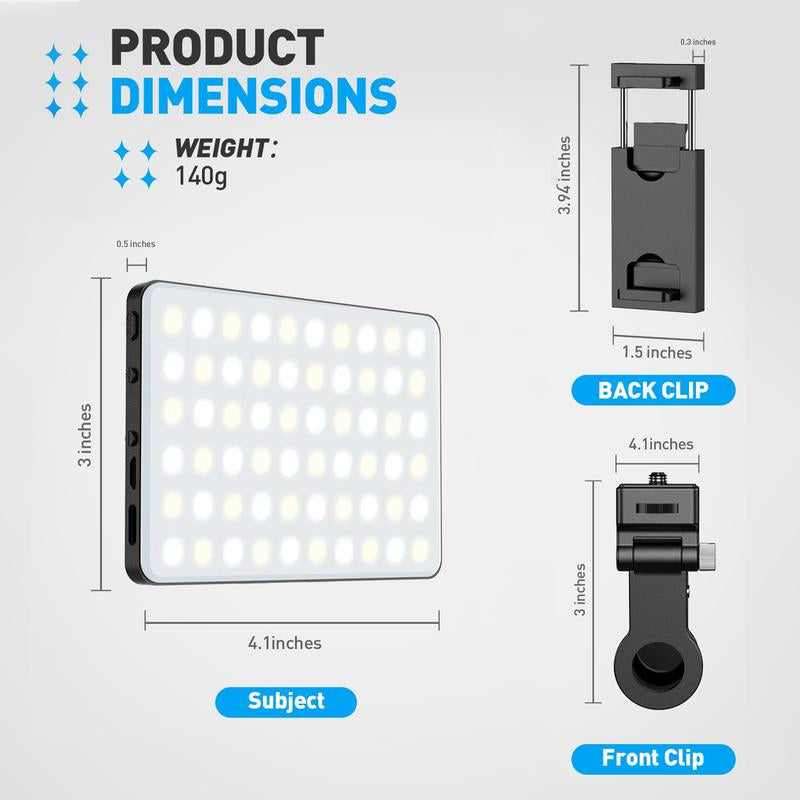 Portable Selfie Light with Front & Back Clip ,USB Rechargeable High Power 60 LED 3000Mah Phone Fill Light with CRI 95+,Adjusted 3 Light Modes for Cellphone, Ipad,Camera,Laptop,Vlog,Makeup, Tiktok