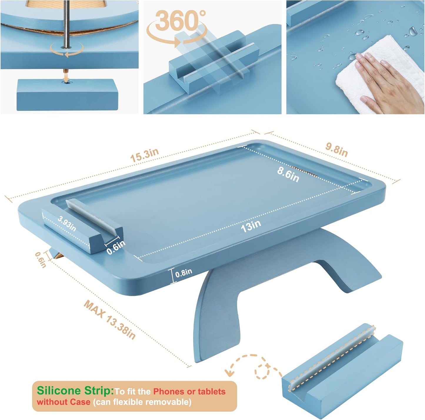Couch Arm Table, Bamboo Sofa Clip on Tray Tables,Sofa Armrest Tray with 360° Phone Holder,Couch Armrest Table for Eating and Drinking