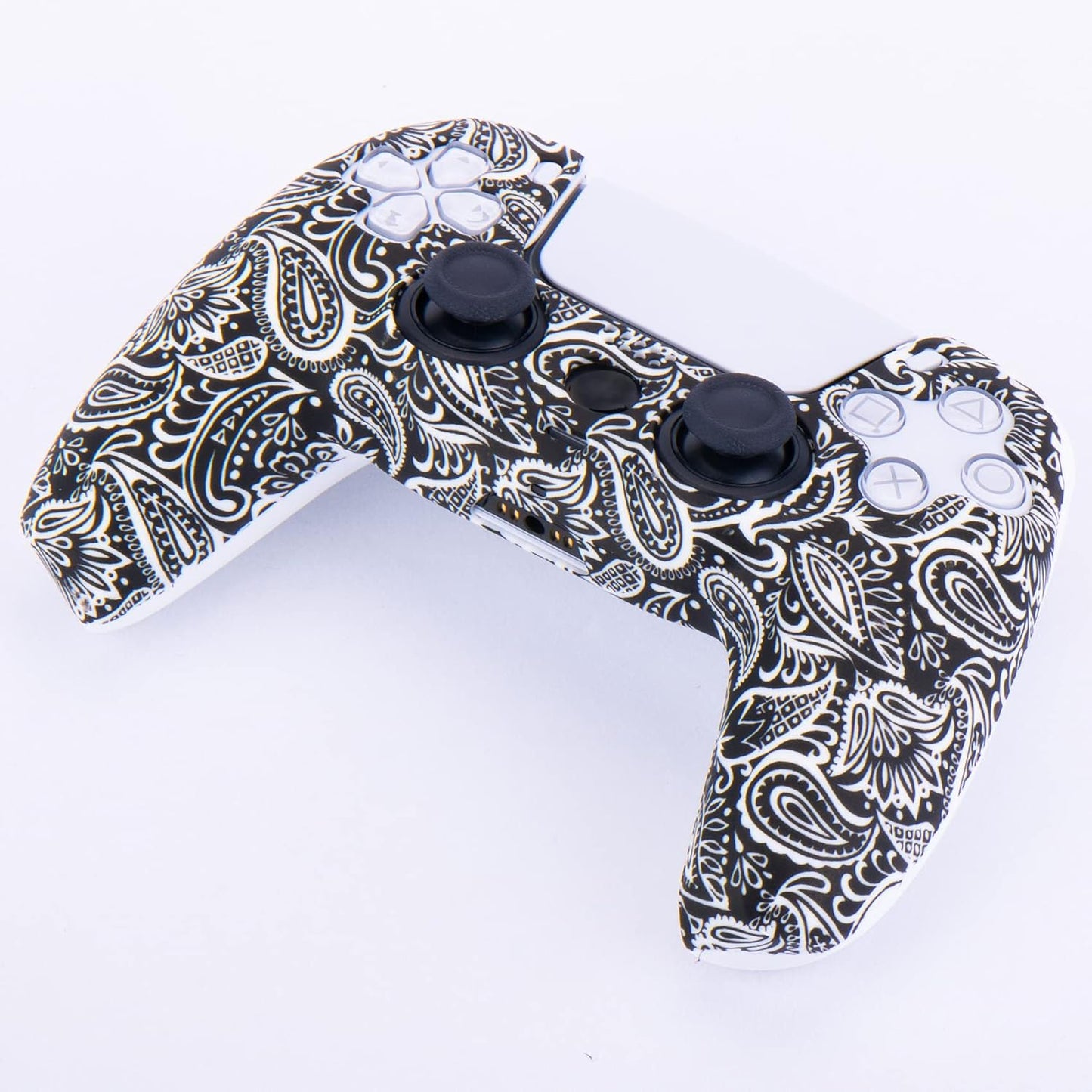 Water Transfer Printing Silicone Thickened Cover Skin Case for PS5 Controller X 1(Leaves Red) with Thumb Grips X 10