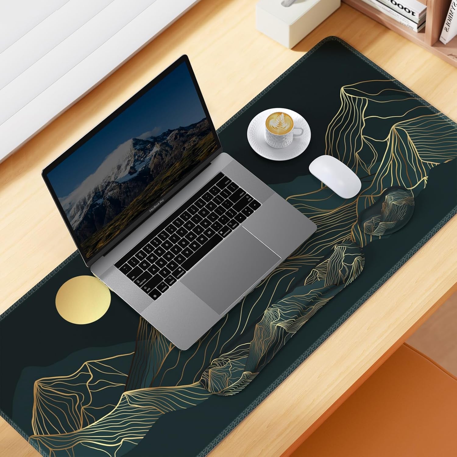 XXL Big Mouse Pad with Wrist Rest, 3In1 Large Mousepad + Keyboard Wrist Rest+Mouse Wrist Rest, Easy Typing Pain Relief Computer Mat(Cyan-Mountain)