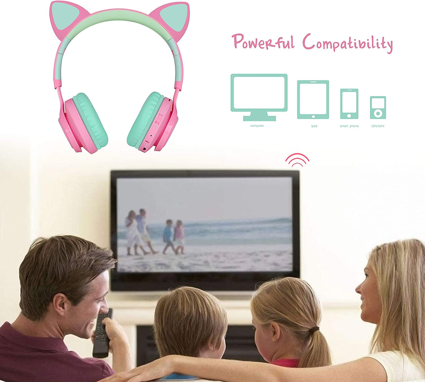 CT-7 Cat Ear Kids Bluetooth Headphones, LED Light up Kids Wireless Headphones with Mic and Volume Control，50H of Battery Life for Travel and School/Seeing Tablets (Pink&Green)