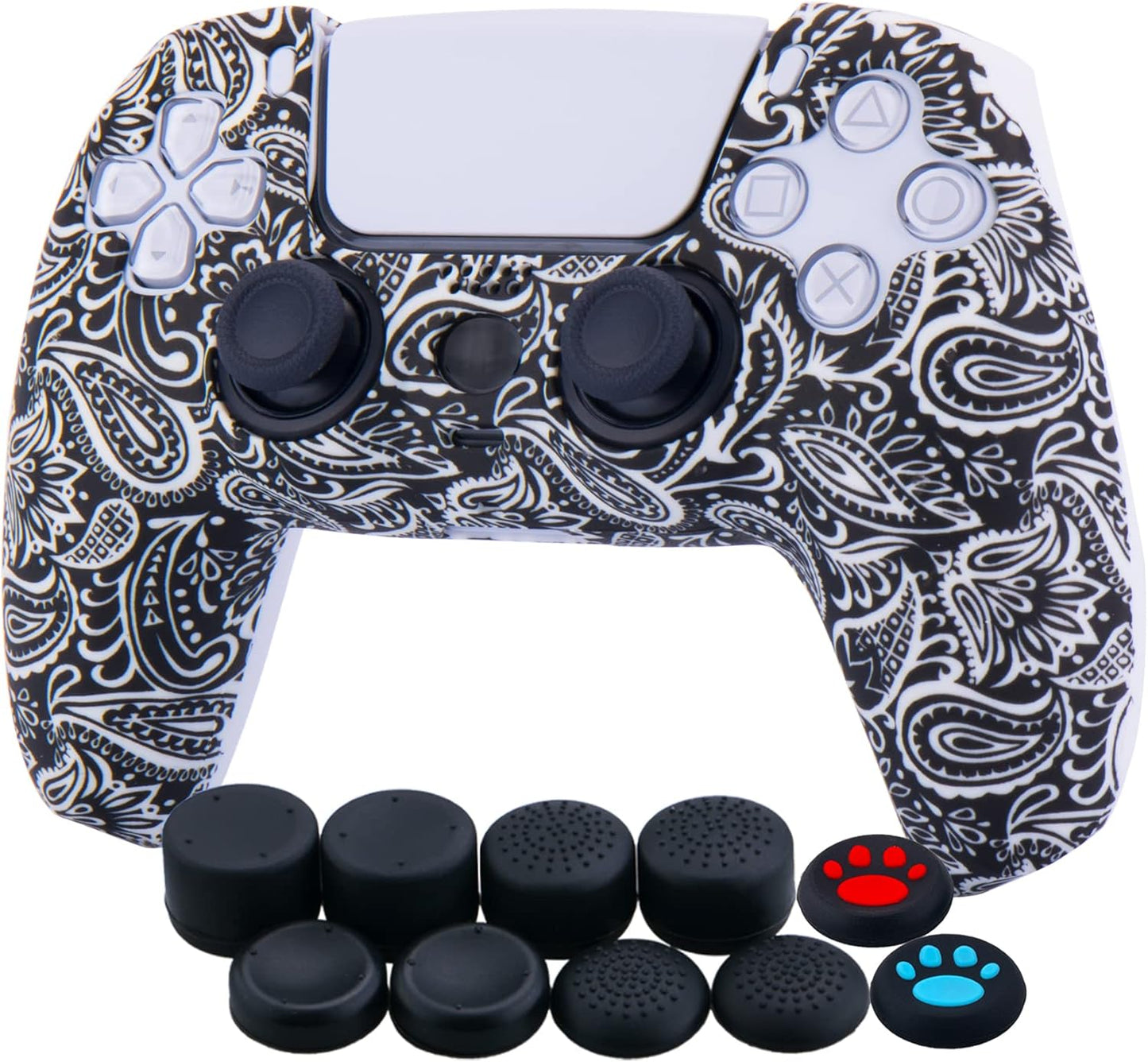 Water Transfer Printing Silicone Thickened Cover Skin Case for PS5 Controller X 1(Leaves Red) with Thumb Grips X 10