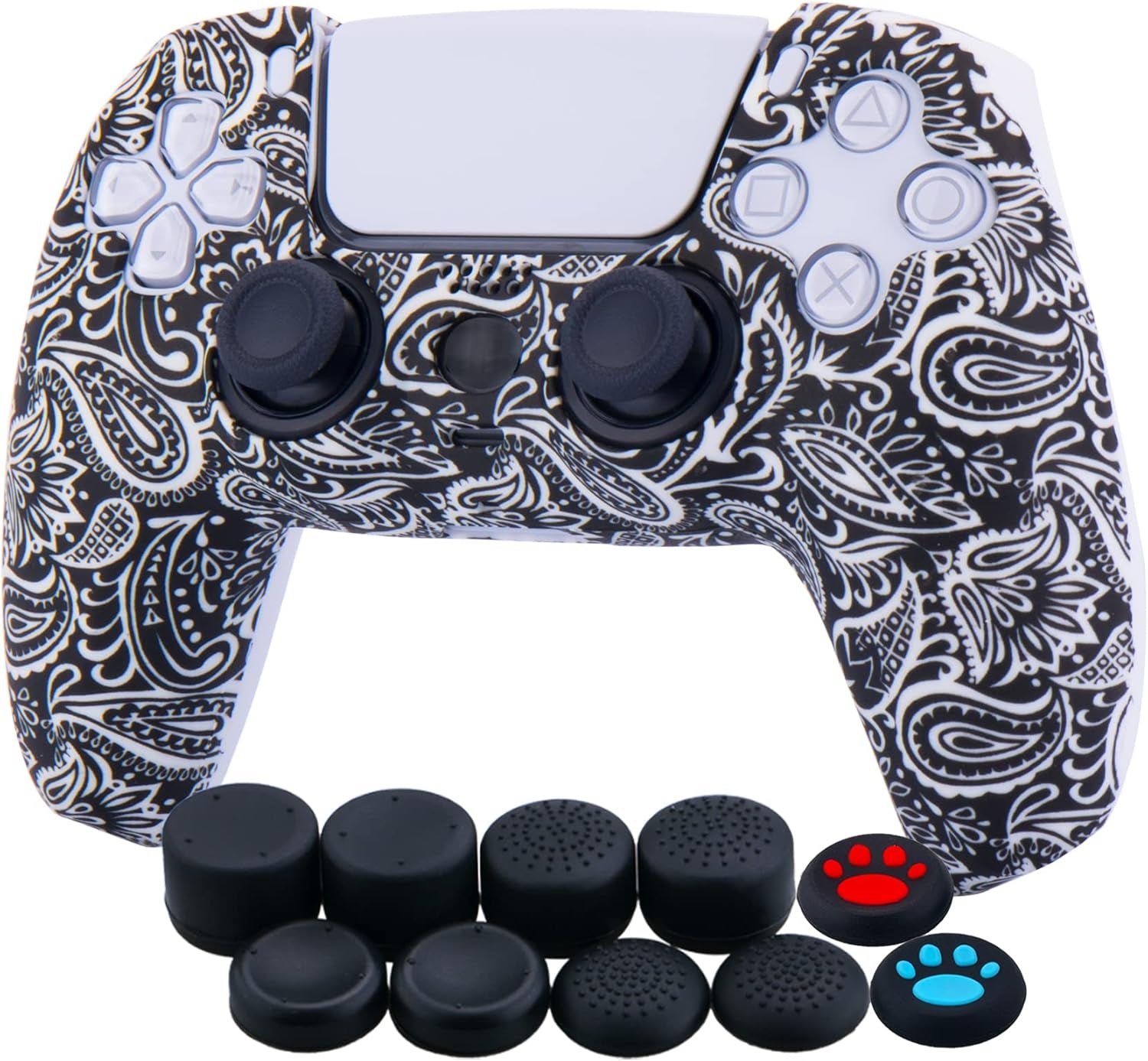 Water Transfer Printing Silicone Thickened Cover Skin Case for PS5 Controller X 1(Leaves Red) with Thumb Grips X 10