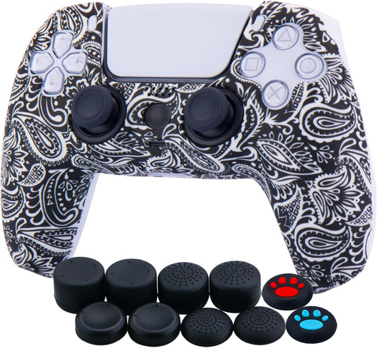 Water Transfer Printing Silicone Thickened Cover Skin Case for PS5 Controller X 1(Leaves Red) with Thumb Grips X 10