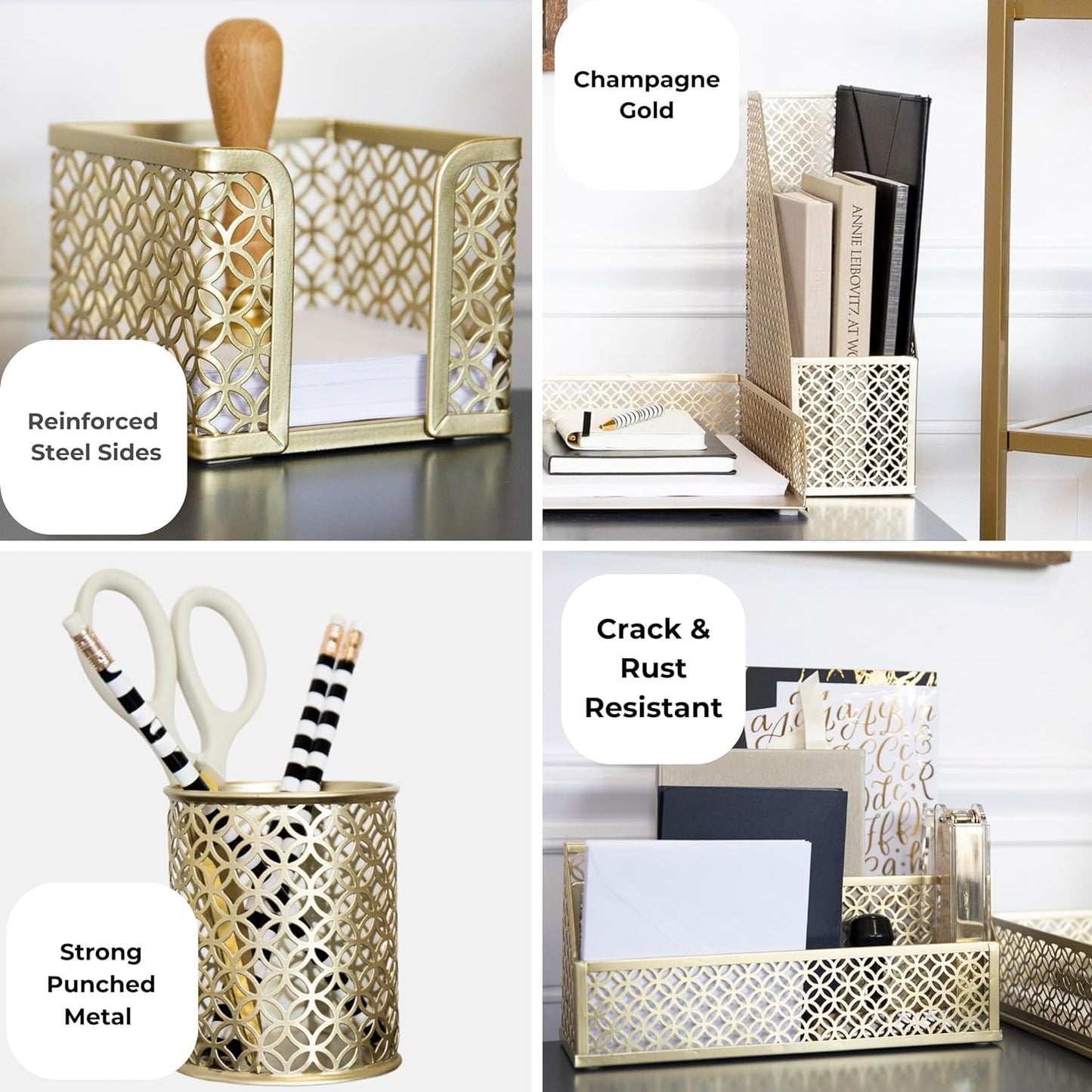 Gold Desk Organizer Set – Mail Sorter, Sticky Note Holder, Pen Cup, Magazine Holder, Letter Tray & Business Card Holder – Pink Office Decor