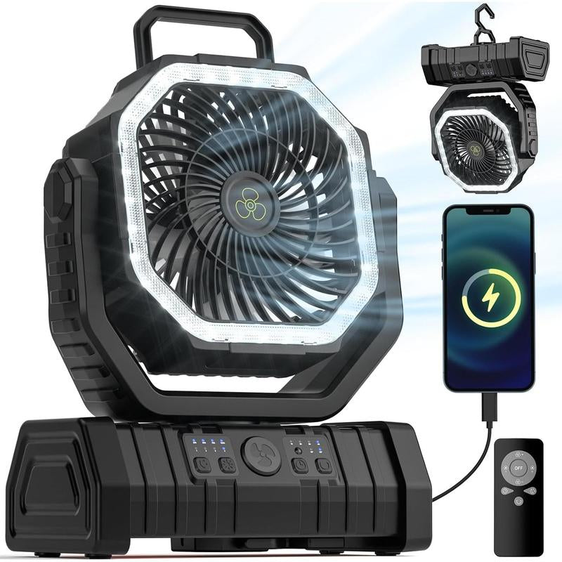 Camping Fan - 20000Mah Fan Rechargeable with LED Lantern - Portable Outdoor Tent Fan with Hanging Hook 4 Speeds Wind Remote Control