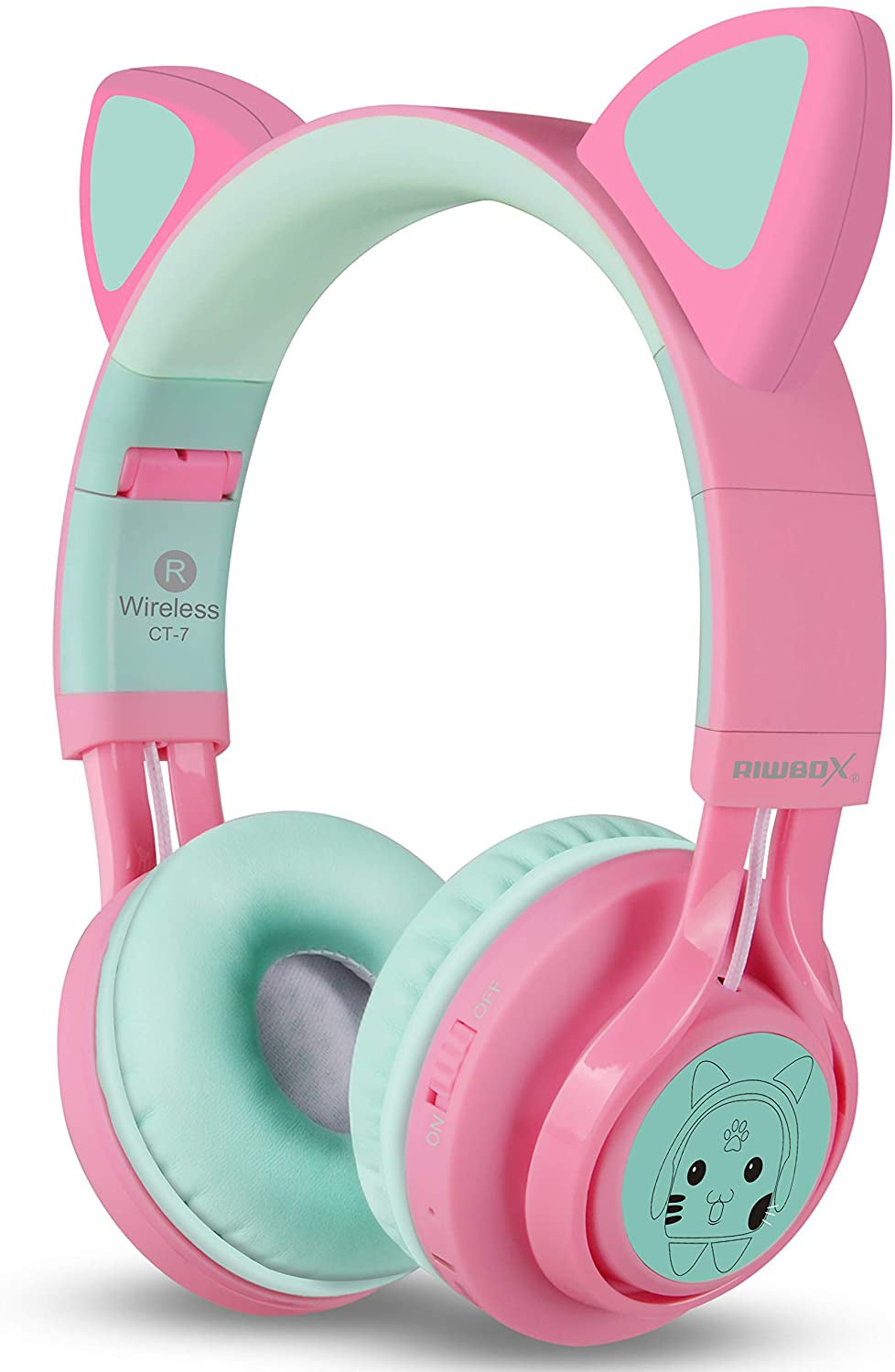 CT-7 Cat Ear Kids Bluetooth Headphones, LED Light up Kids Wireless Headphones with Mic and Volume Control，50H of Battery Life for Travel and School/Seeing Tablets (Pink&Green)