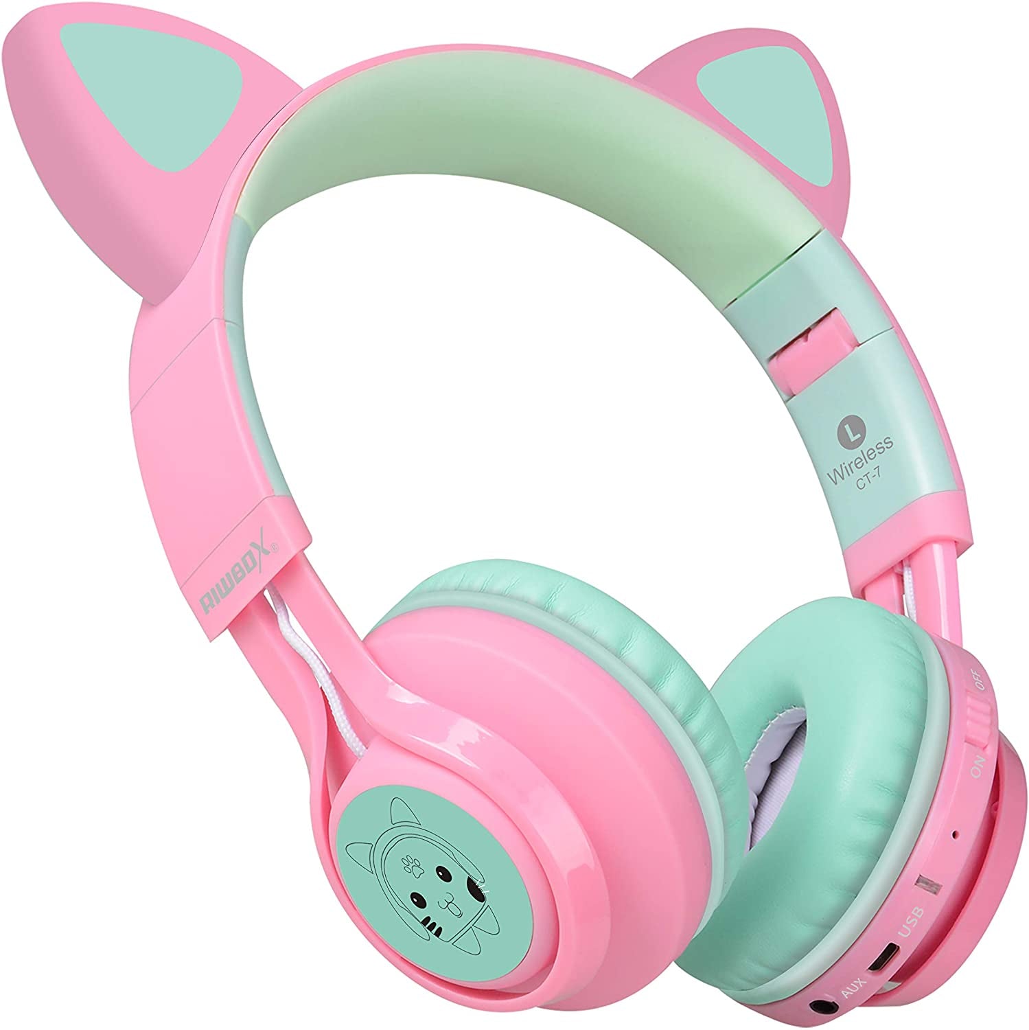 CT-7 Cat Ear Kids Bluetooth Headphones, LED Light up Kids Wireless Headphones with Mic and Volume Control，50H of Battery Life for Travel and School/Seeing Tablets (Pink&Green)