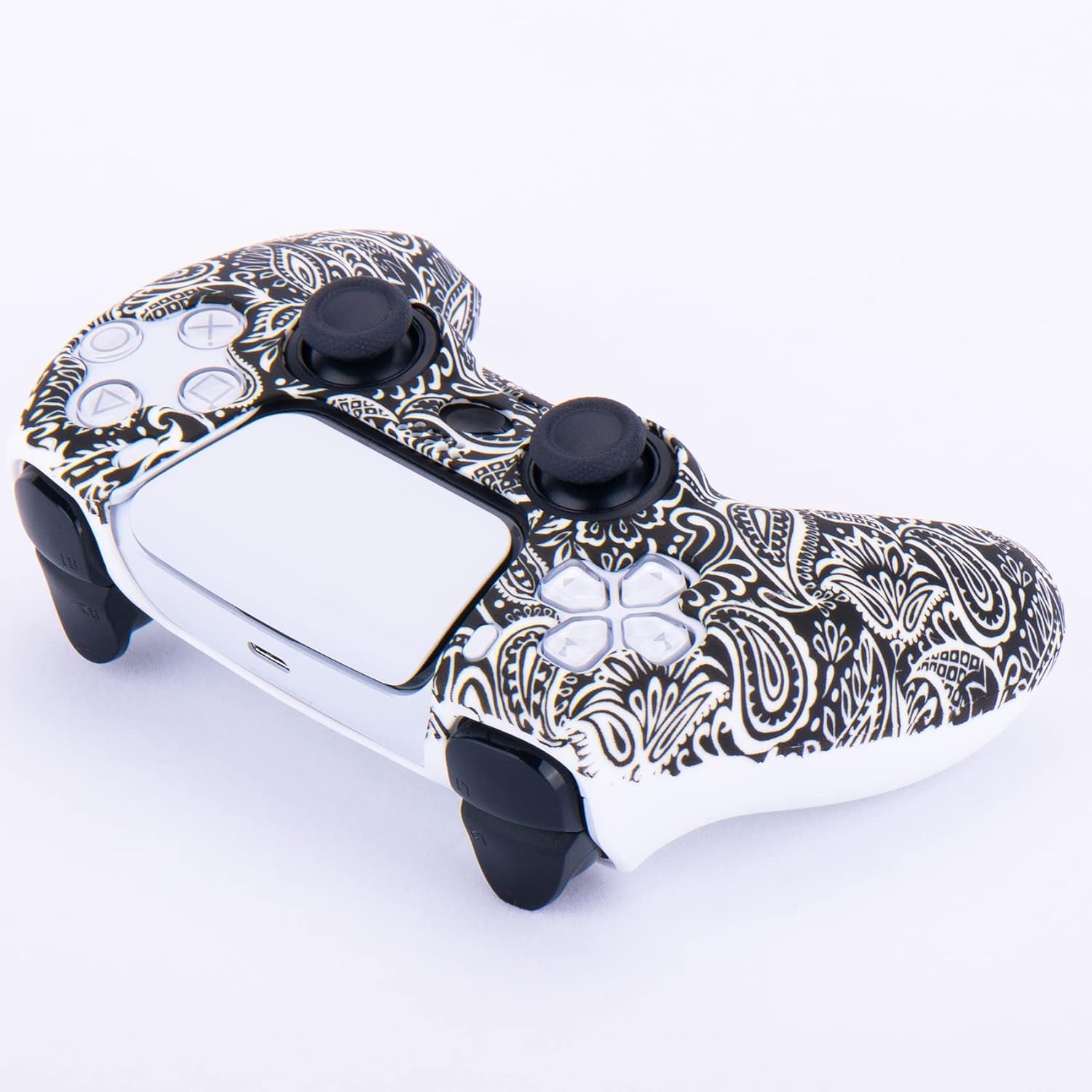 Water Transfer Printing Silicone Thickened Cover Skin Case for PS5 Controller X 1(Leaves Red) with Thumb Grips X 10