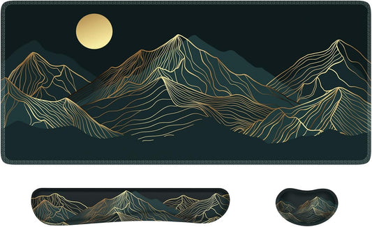 XXL Big Mouse Pad with Wrist Rest, 3In1 Large Mousepad + Keyboard Wrist Rest+Mouse Wrist Rest, Easy Typing Pain Relief Computer Mat(Cyan-Mountain)