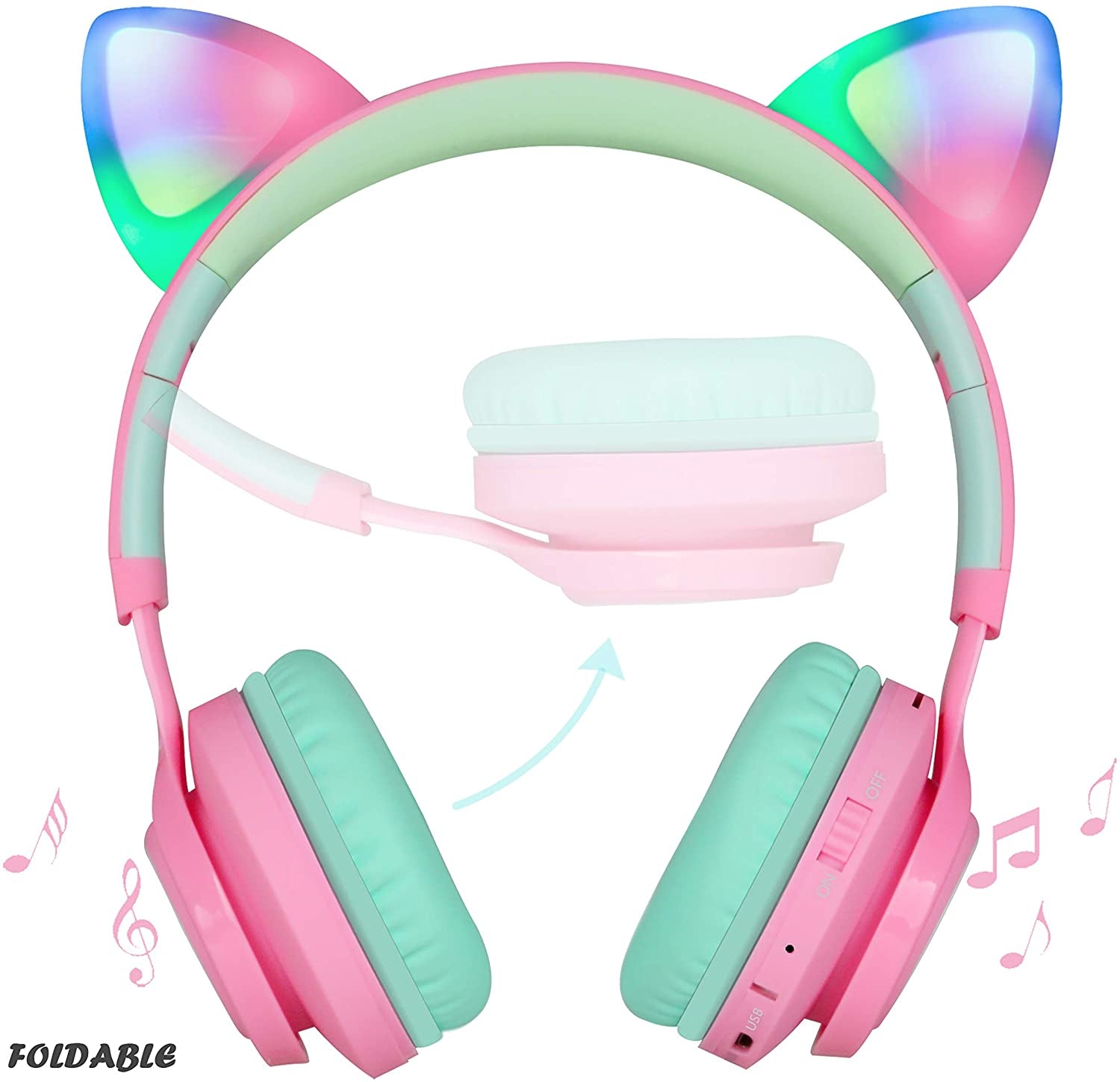 CT-7 Cat Ear Kids Bluetooth Headphones, LED Light up Kids Wireless Headphones with Mic and Volume Control，50H of Battery Life for Travel and School/Seeing Tablets (Pink&Green)