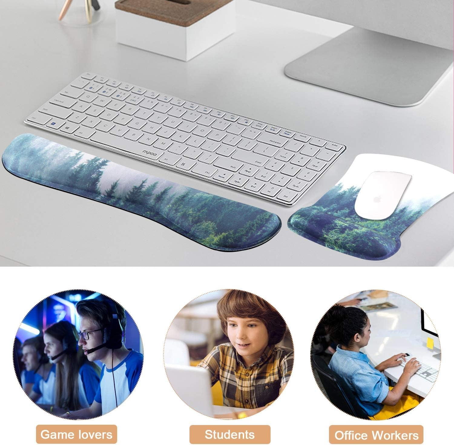 Keyboard Wrist Rest and Mouse Wrist Rest Pad, Made of Memory Foam, Ergonomic Support, Easy Typing and Relieve Wrist Pain for Gaming, Computer, Office, Laptop (D-Forest)