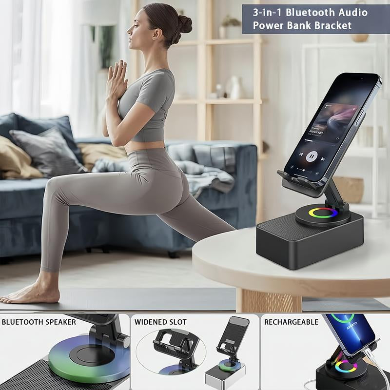 Wireless Audio Bluetooth Speaker with Power Bank, 5 in 1 Phone Holder Speaker, Emergency Charging, Bluetooth 5.0 FM HD Bassup Answer Calls for Kitchen Gym Outdoors Travel Party