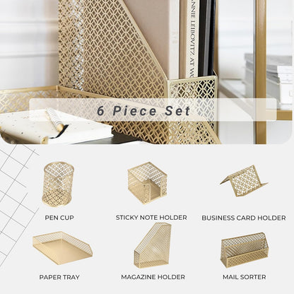 Gold Desk Organizer Set – Mail Sorter, Sticky Note Holder, Pen Cup, Magazine Holder, Letter Tray & Business Card Holder – Pink Office Decor