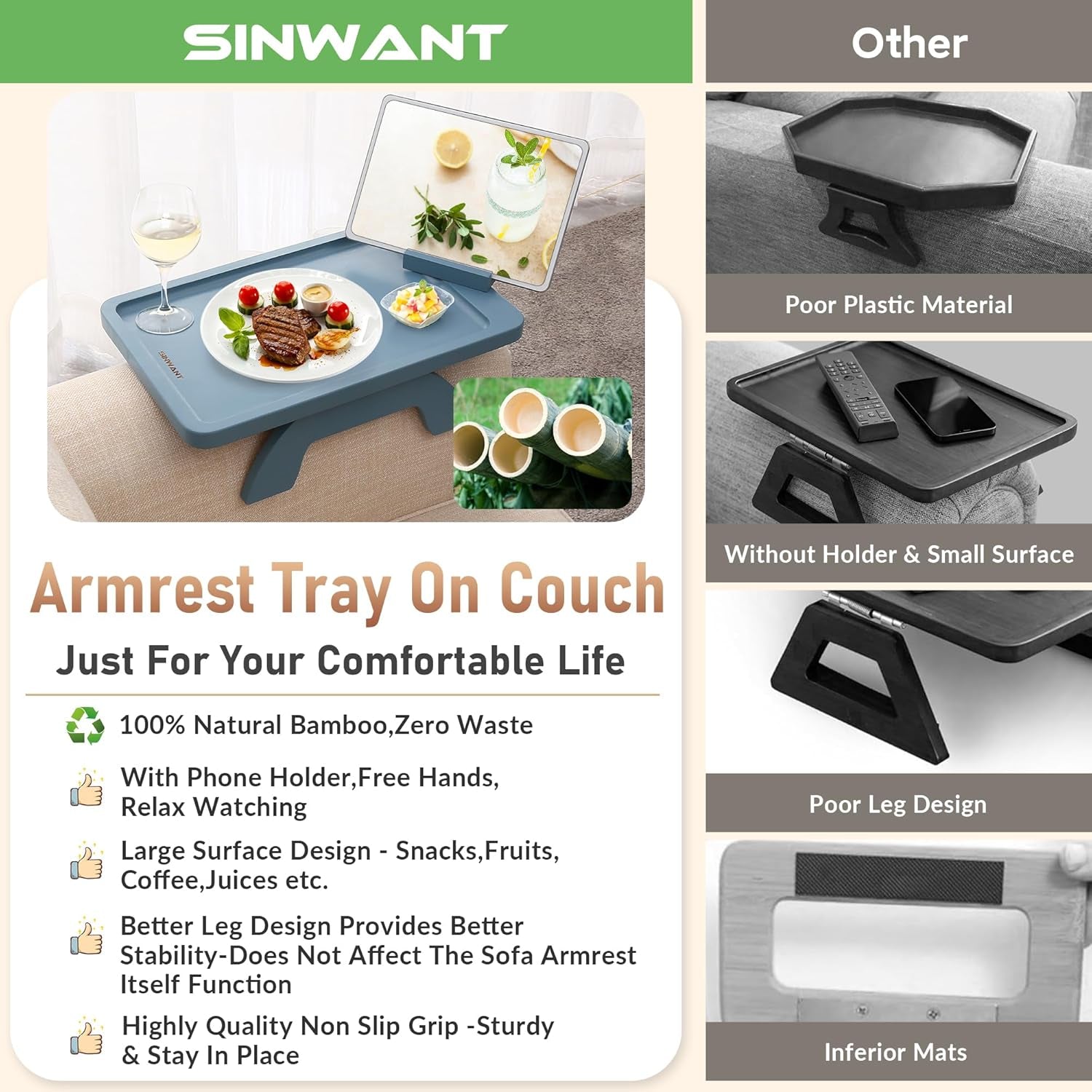 Couch Arm Table, Bamboo Sofa Clip on Tray Tables,Sofa Armrest Tray with 360° Phone Holder,Couch Armrest Table for Eating and Drinking