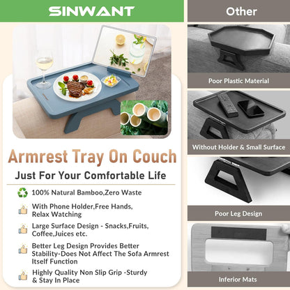 Couch Arm Table, Bamboo Sofa Clip on Tray Tables,Sofa Armrest Tray with 360° Phone Holder,Couch Armrest Table for Eating and Drinking