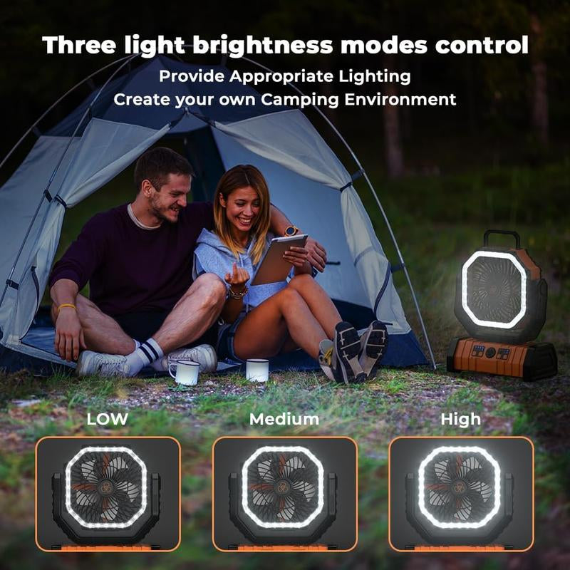 Camping Fan - 20000Mah Fan Rechargeable with LED Lantern - Portable Outdoor Tent Fan with Hanging Hook 4 Speeds Wind Remote Control