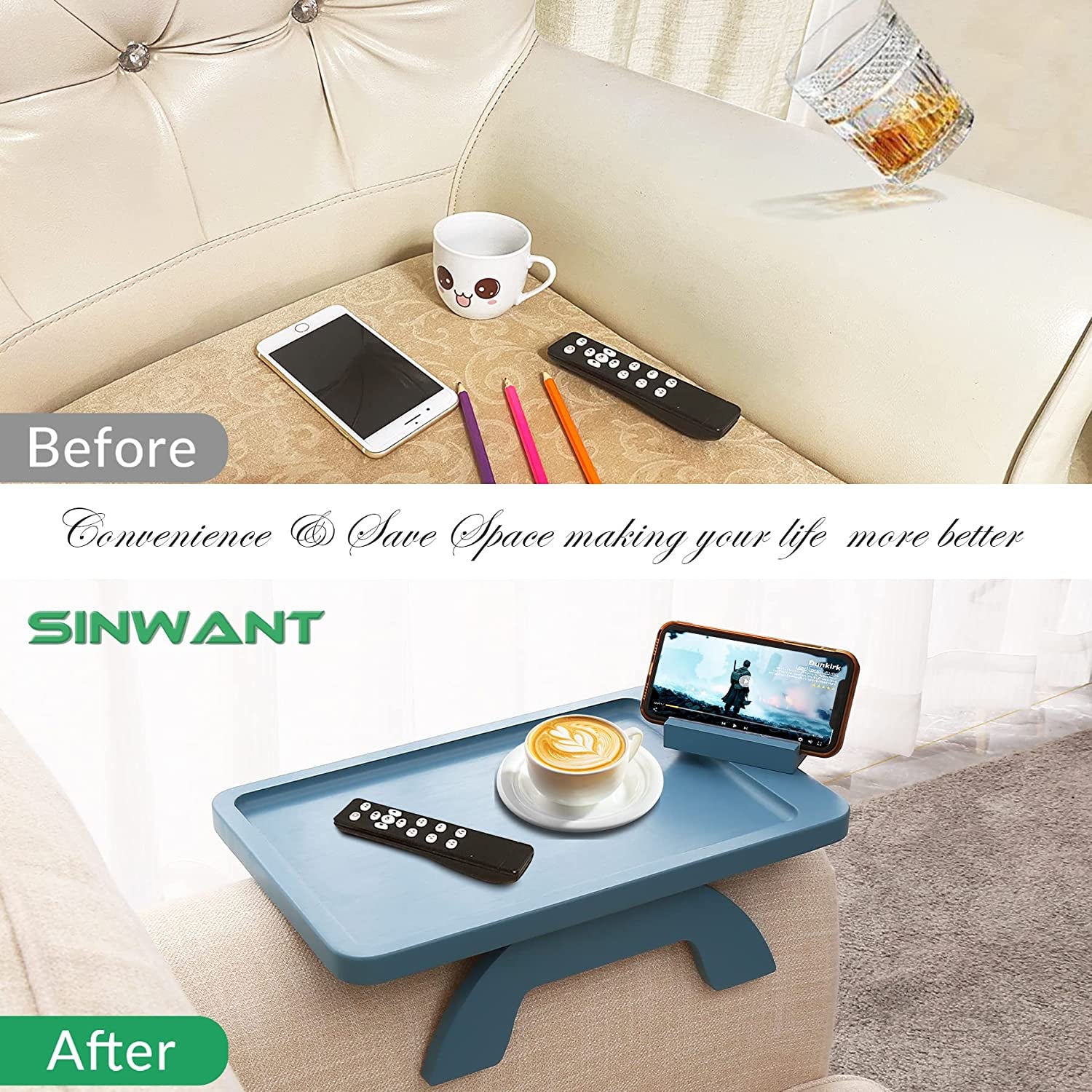 Couch Arm Table, Bamboo Sofa Clip on Tray Tables,Sofa Armrest Tray with 360° Phone Holder,Couch Armrest Table for Eating and Drinking