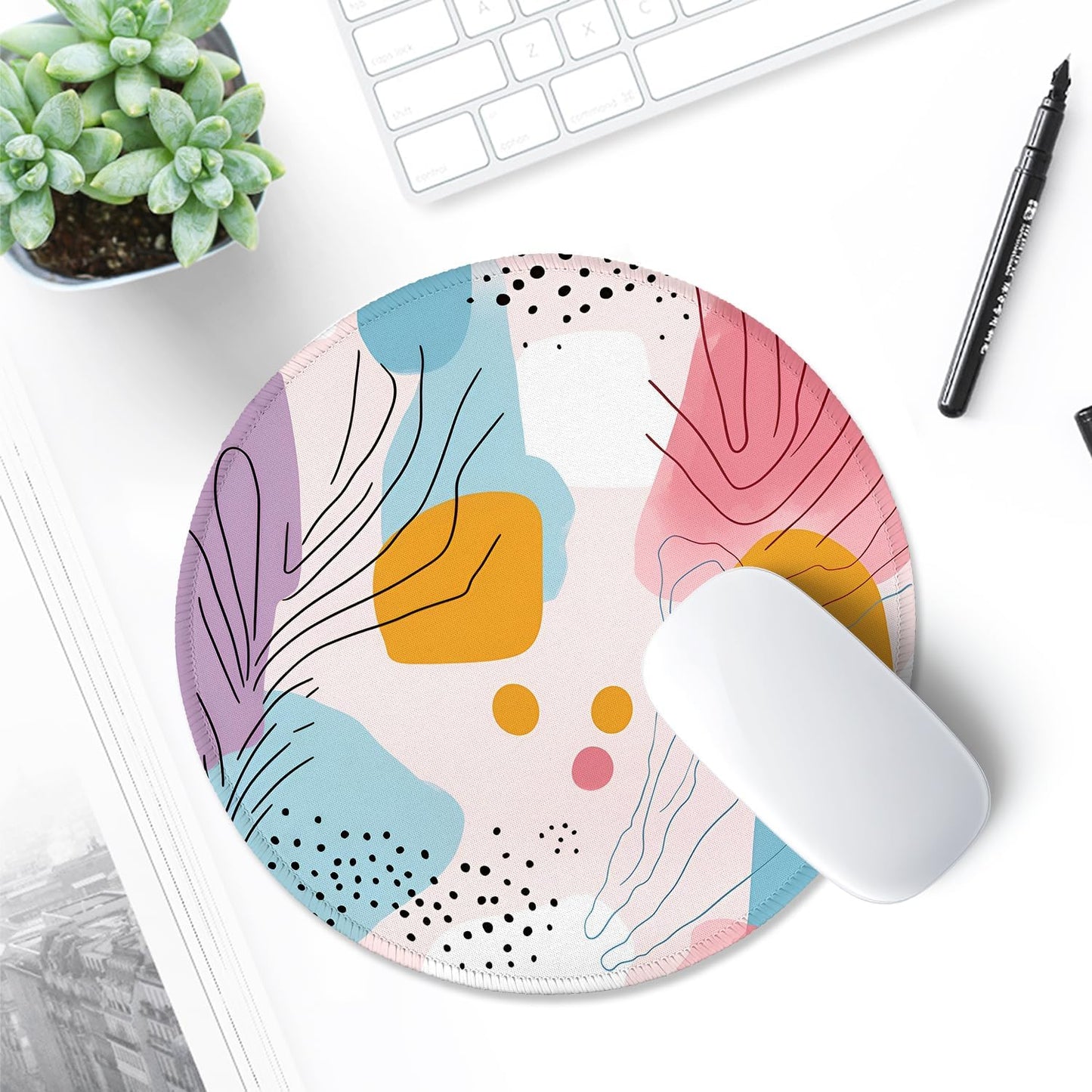 round Mouse Pad with Stitched Edge Premium-Textured Waterproof Non-Slip Rubber Base Desktop Protection Mat Diameter 8.7 Inches, Art Style Pattern