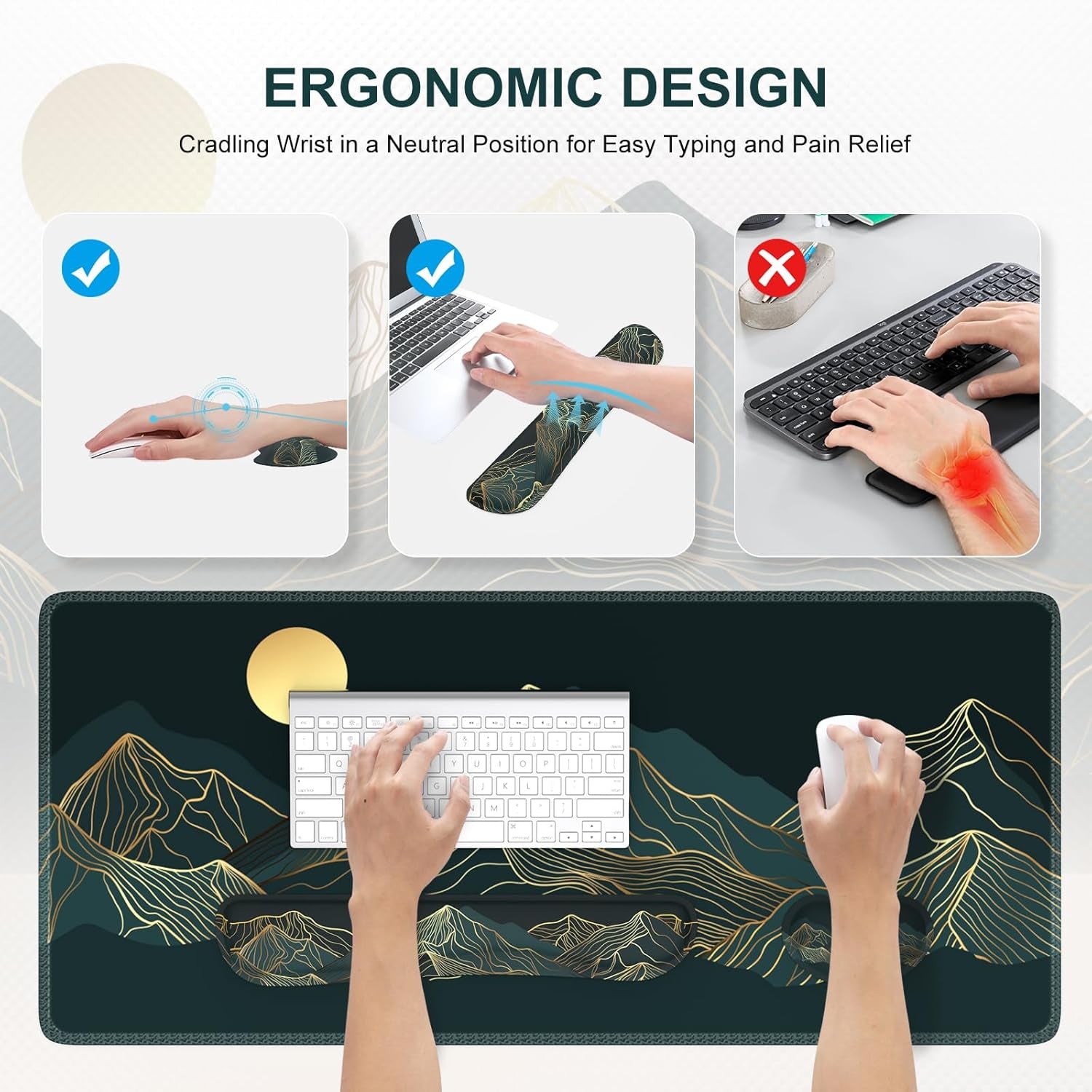 XXL Big Mouse Pad with Wrist Rest, 3In1 Large Mousepad + Keyboard Wrist Rest+Mouse Wrist Rest, Easy Typing Pain Relief Computer Mat(Cyan-Mountain)