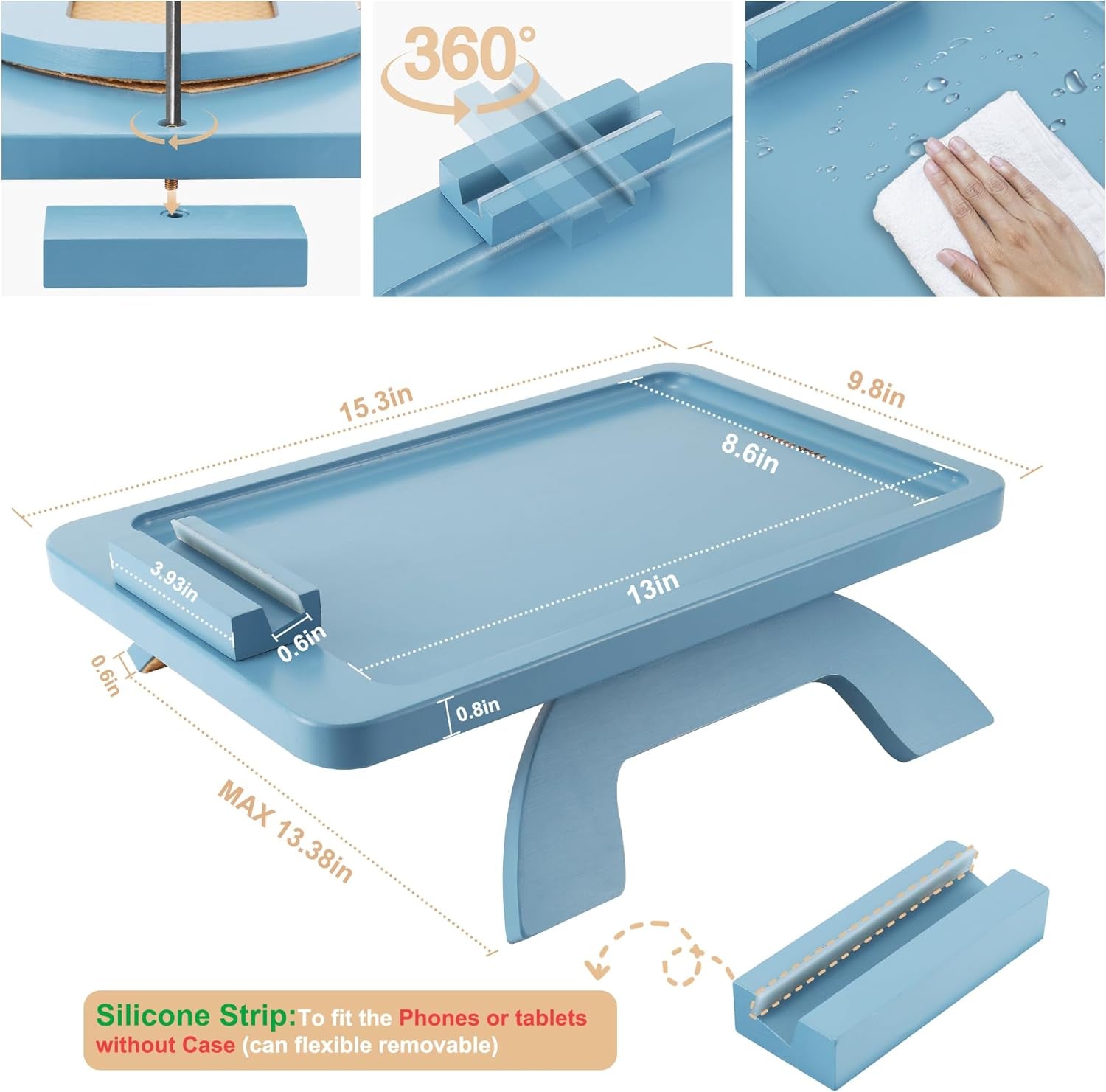 Couch Arm Table, Bamboo Sofa Clip on Tray Tables,Sofa Armrest Tray with 360° Phone Holder,Couch Armrest Table for Eating and Drinking