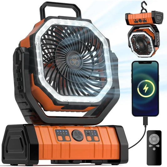 Camping Fan - 20000Mah Fan Rechargeable with LED Lantern - Portable Outdoor Tent Fan with Hanging Hook 4 Speeds Wind Remote Control