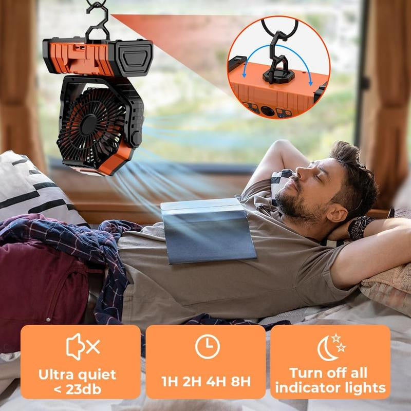 Camping Fan - 20000Mah Fan Rechargeable with LED Lantern - Portable Outdoor Tent Fan with Hanging Hook 4 Speeds Wind Remote Control