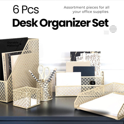 Gold Desk Organizer Set – Mail Sorter, Sticky Note Holder, Pen Cup, Magazine Holder, Letter Tray & Business Card Holder – Pink Office Decor
