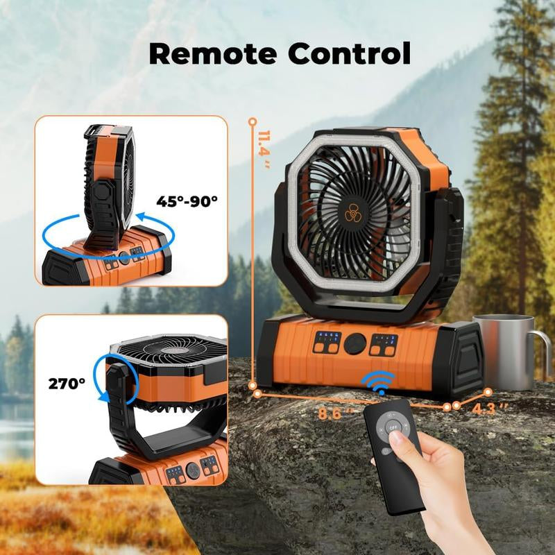 Camping Fan - 20000Mah Fan Rechargeable with LED Lantern - Portable Outdoor Tent Fan with Hanging Hook 4 Speeds Wind Remote Control