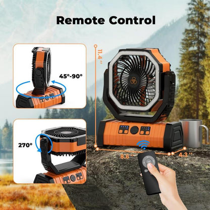 Camping Fan - 20000Mah Fan Rechargeable with LED Lantern - Portable Outdoor Tent Fan with Hanging Hook 4 Speeds Wind Remote Control