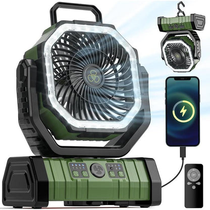 Camping Fan - 20000Mah Fan Rechargeable with LED Lantern - Portable Outdoor Tent Fan with Hanging Hook 4 Speeds Wind Remote Control