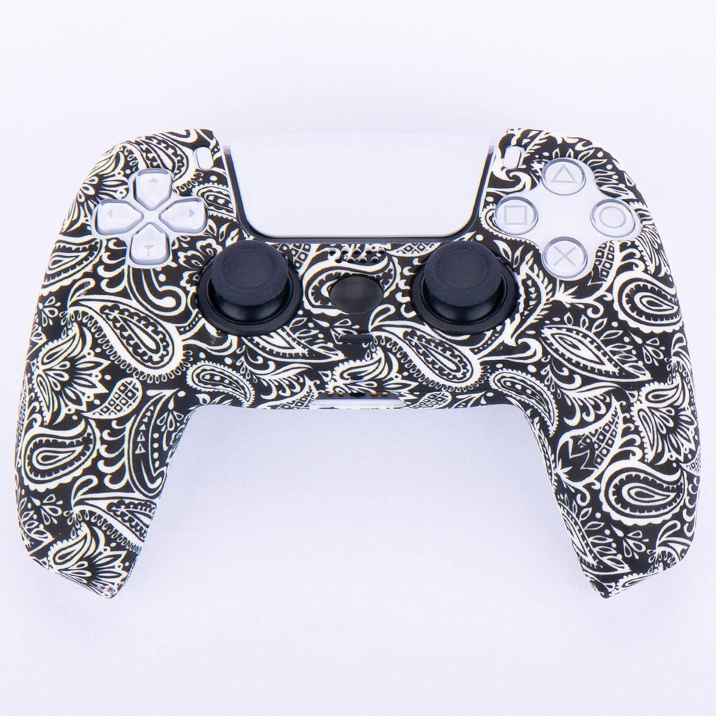 Water Transfer Printing Silicone Thickened Cover Skin Case for PS5 Controller X 1(Leaves Red) with Thumb Grips X 10