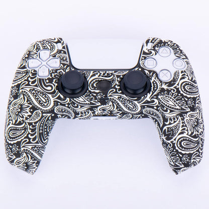 Water Transfer Printing Silicone Thickened Cover Skin Case for PS5 Controller X 1(Leaves Red) with Thumb Grips X 10
