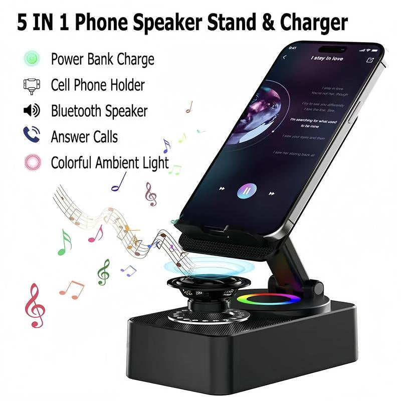 Wireless Audio Bluetooth Speaker with Power Bank, 5 in 1 Phone Holder Speaker, Emergency Charging, Bluetooth 5.0 FM HD Bassup Answer Calls for Kitchen Gym Outdoors Travel Party