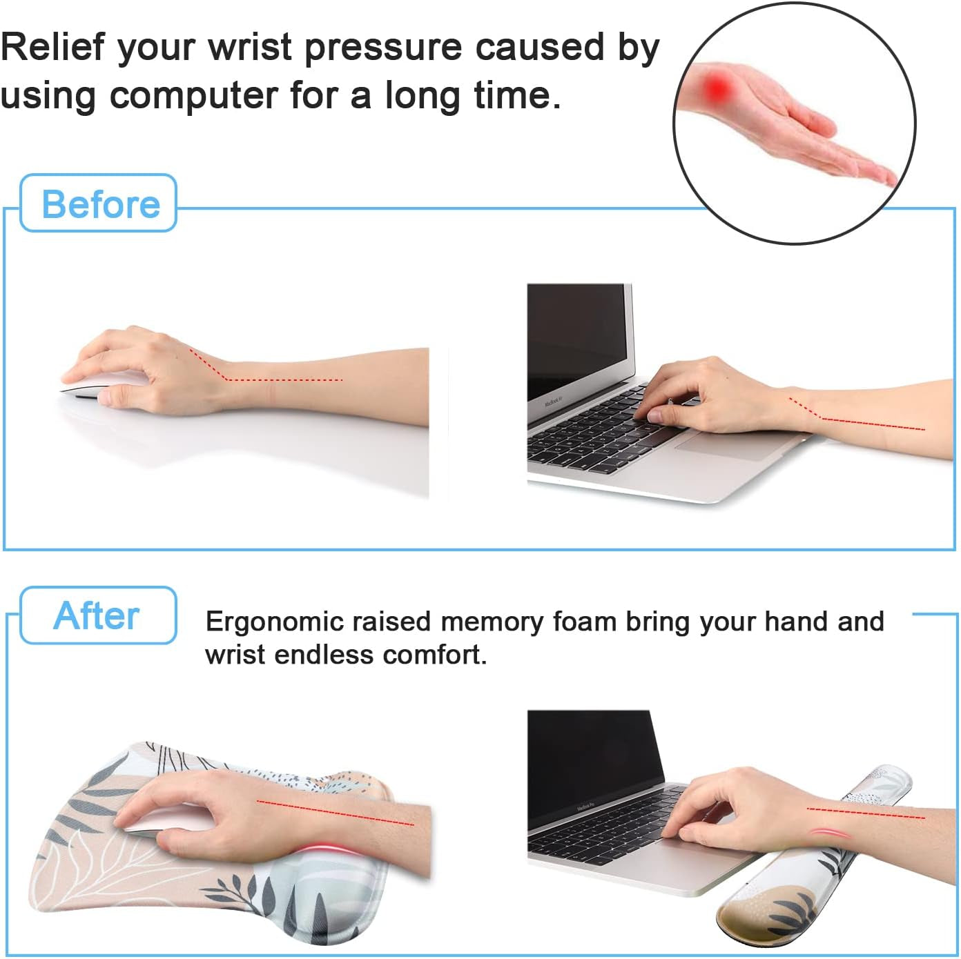 Keyboard Wrist Rest Pad and Mouse Wrist Rest Support Mouse Pad Set, Non Slip Rubber Base Wrist Support with Ergonomic Raised Memory Foam for Easy Typing & Pain Relief, Tropical Leaves