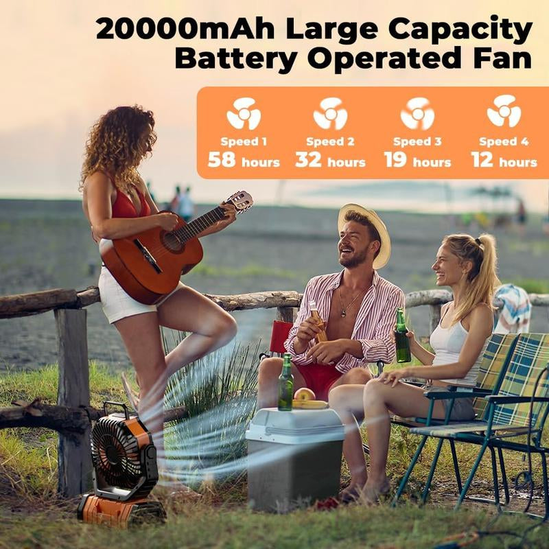 Camping Fan - 20000Mah Fan Rechargeable with LED Lantern - Portable Outdoor Tent Fan with Hanging Hook 4 Speeds Wind Remote Control