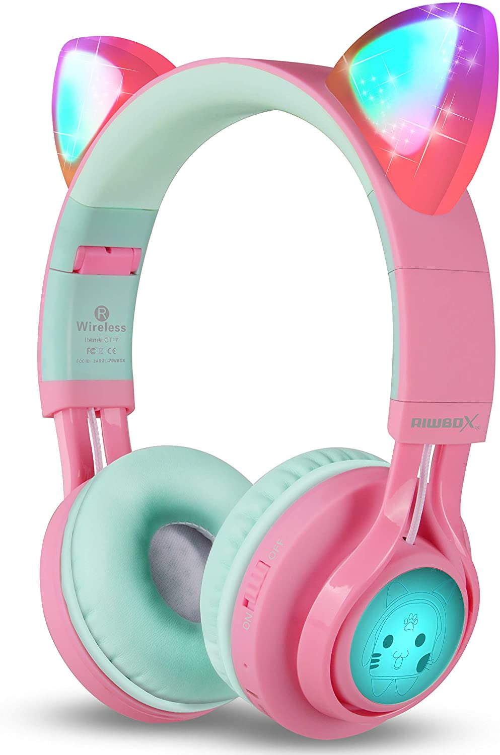 CT-7 Cat Ear Kids Bluetooth Headphones, LED Light up Kids Wireless Headphones with Mic and Volume Control，50H of Battery Life for Travel and School/Seeing Tablets (Pink&Green)