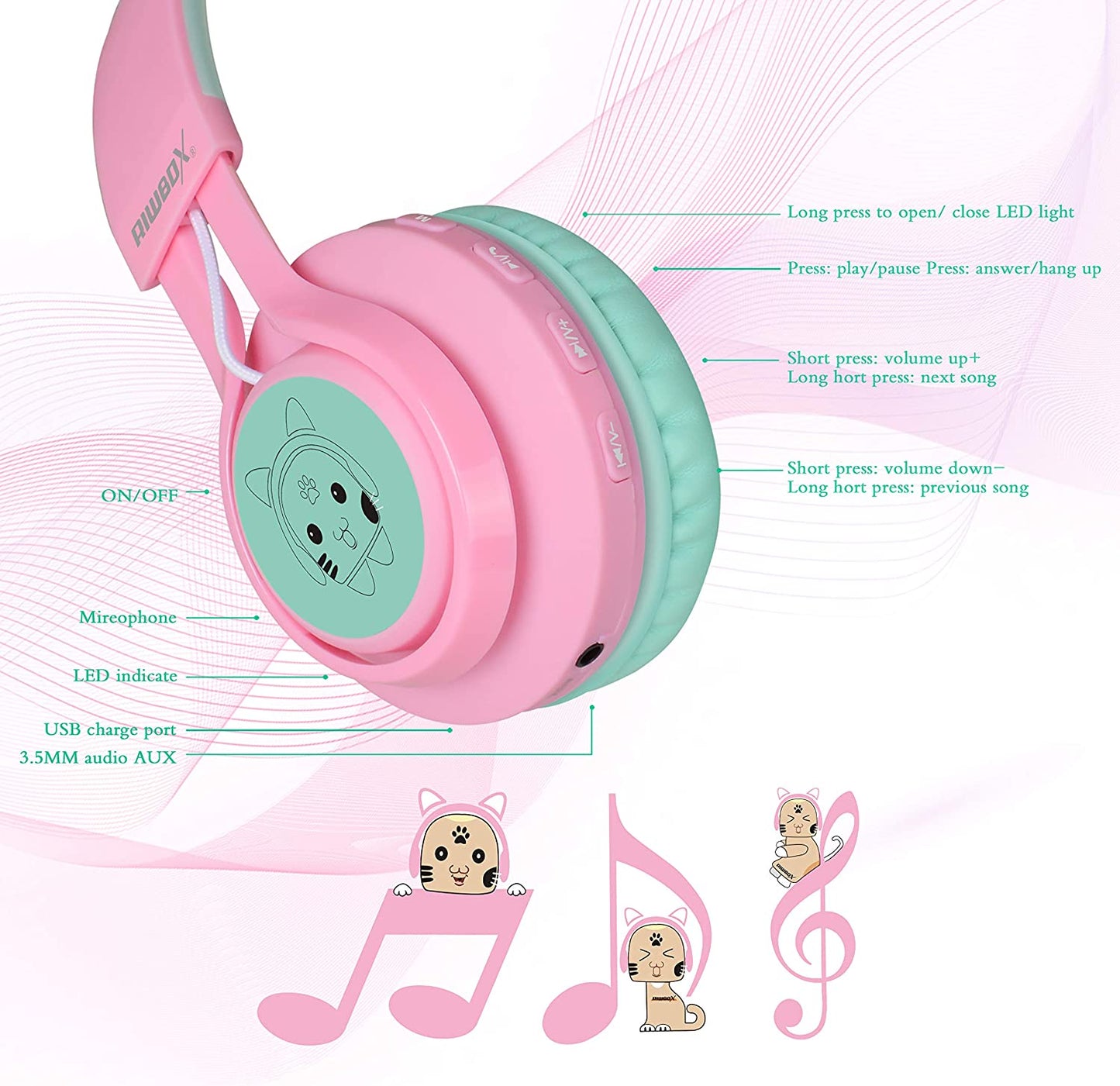 CT-7 Cat Ear Kids Bluetooth Headphones, LED Light up Kids Wireless Headphones with Mic and Volume Control，50H of Battery Life for Travel and School/Seeing Tablets (Pink&Green)