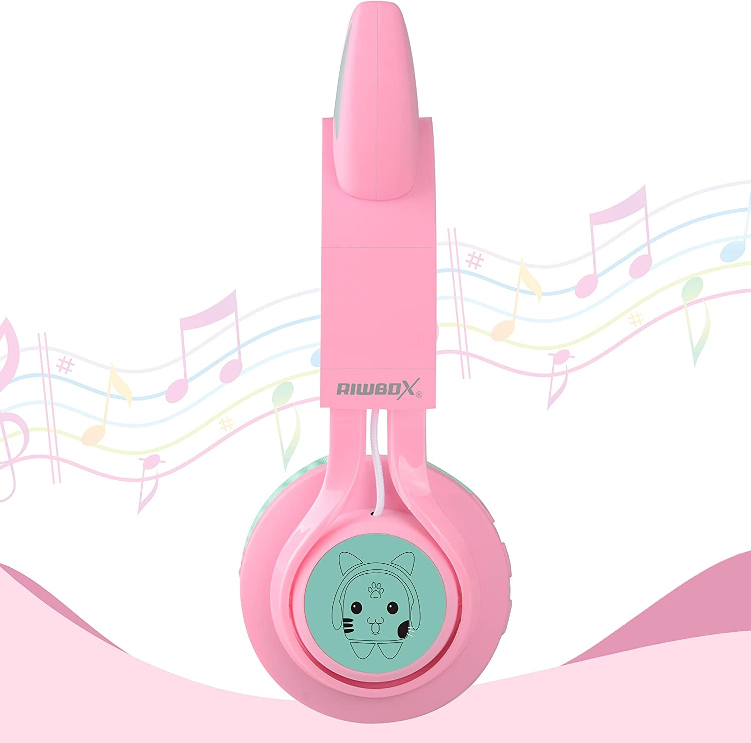 CT-7 Cat Ear Kids Bluetooth Headphones, LED Light up Kids Wireless Headphones with Mic and Volume Control，50H of Battery Life for Travel and School/Seeing Tablets (Pink&Green)