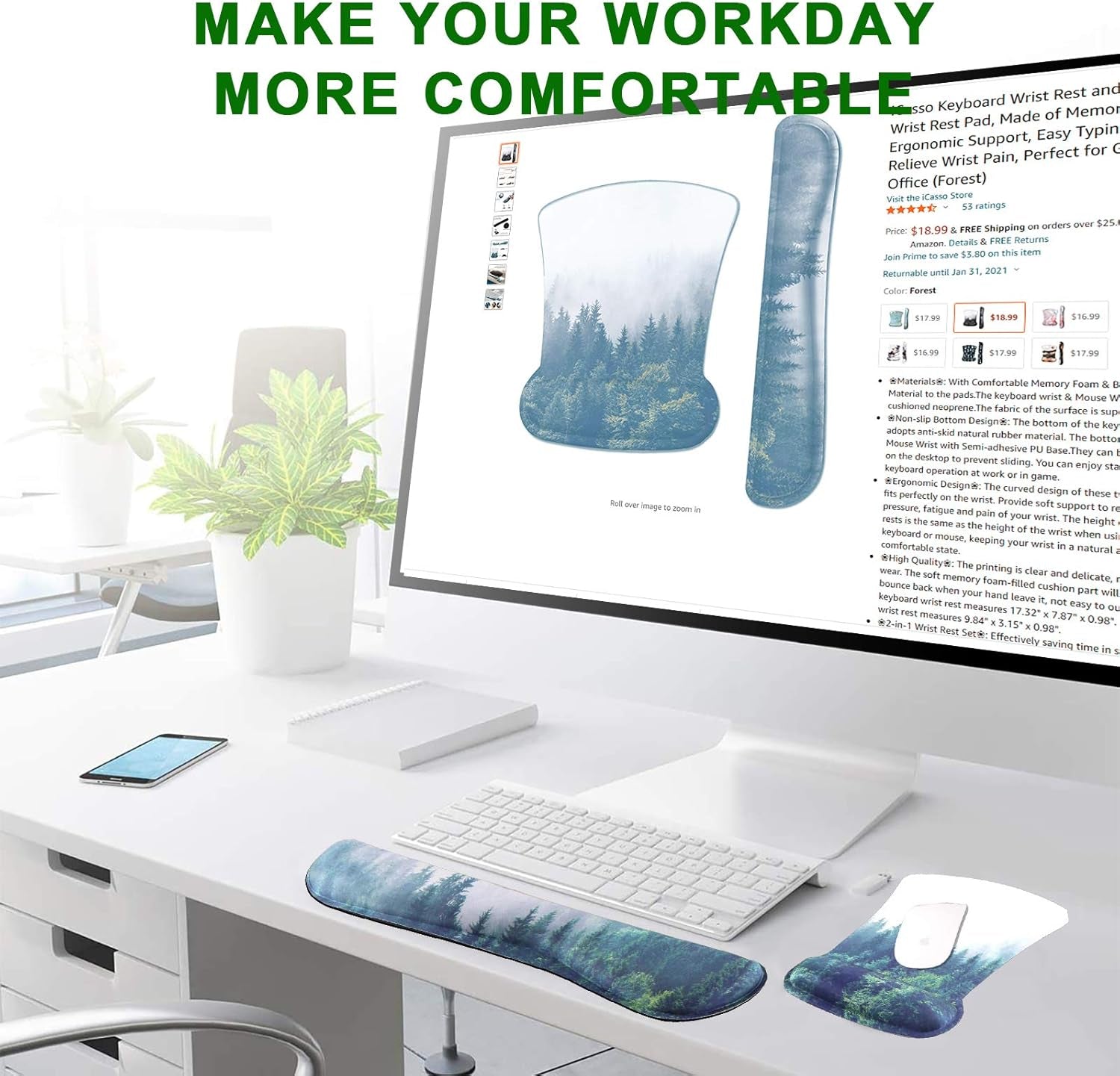 Keyboard Wrist Rest and Mouse Wrist Rest Pad, Made of Memory Foam, Ergonomic Support, Easy Typing and Relieve Wrist Pain for Gaming, Computer, Office, Laptop (D-Forest)